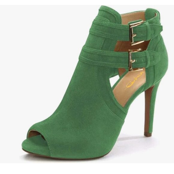 XYD Shoes - XYD Green Suede Peep Toe High Heels Buckled Double Straps Cutout Ankle Bootie
